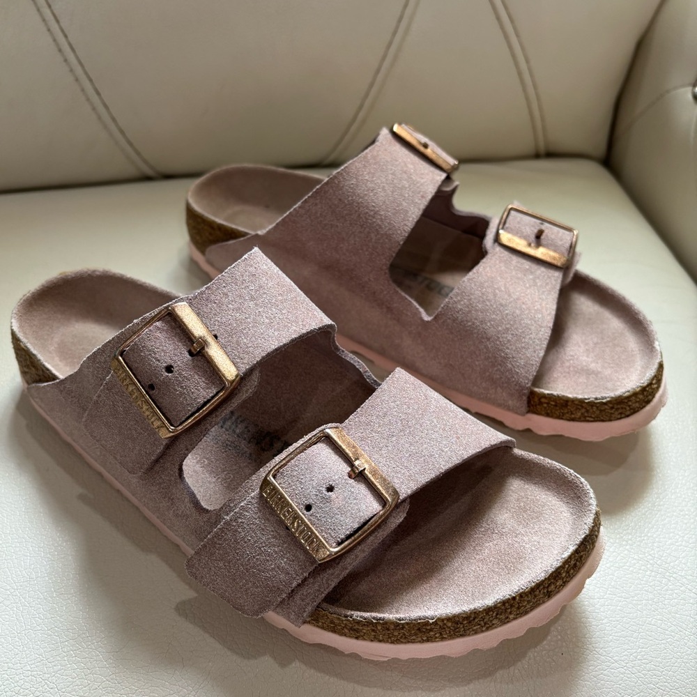Pink Birkenstock Arizona Sandals Rose Gold Buckles Pink Soles & Footbed Size 39